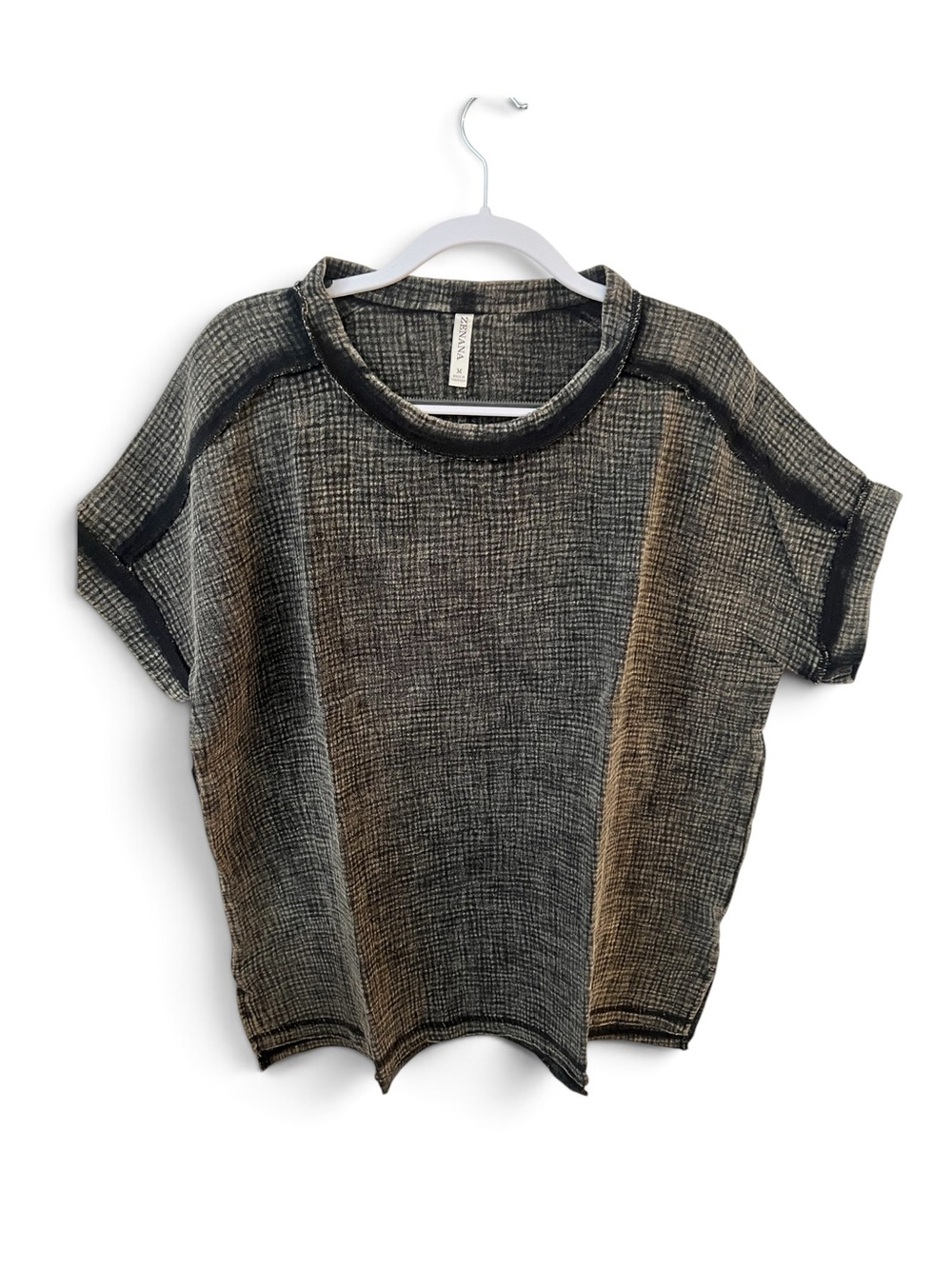 Zenana Outfitters Black & Gray Cotton Gauze short Sleeve Crew Tee